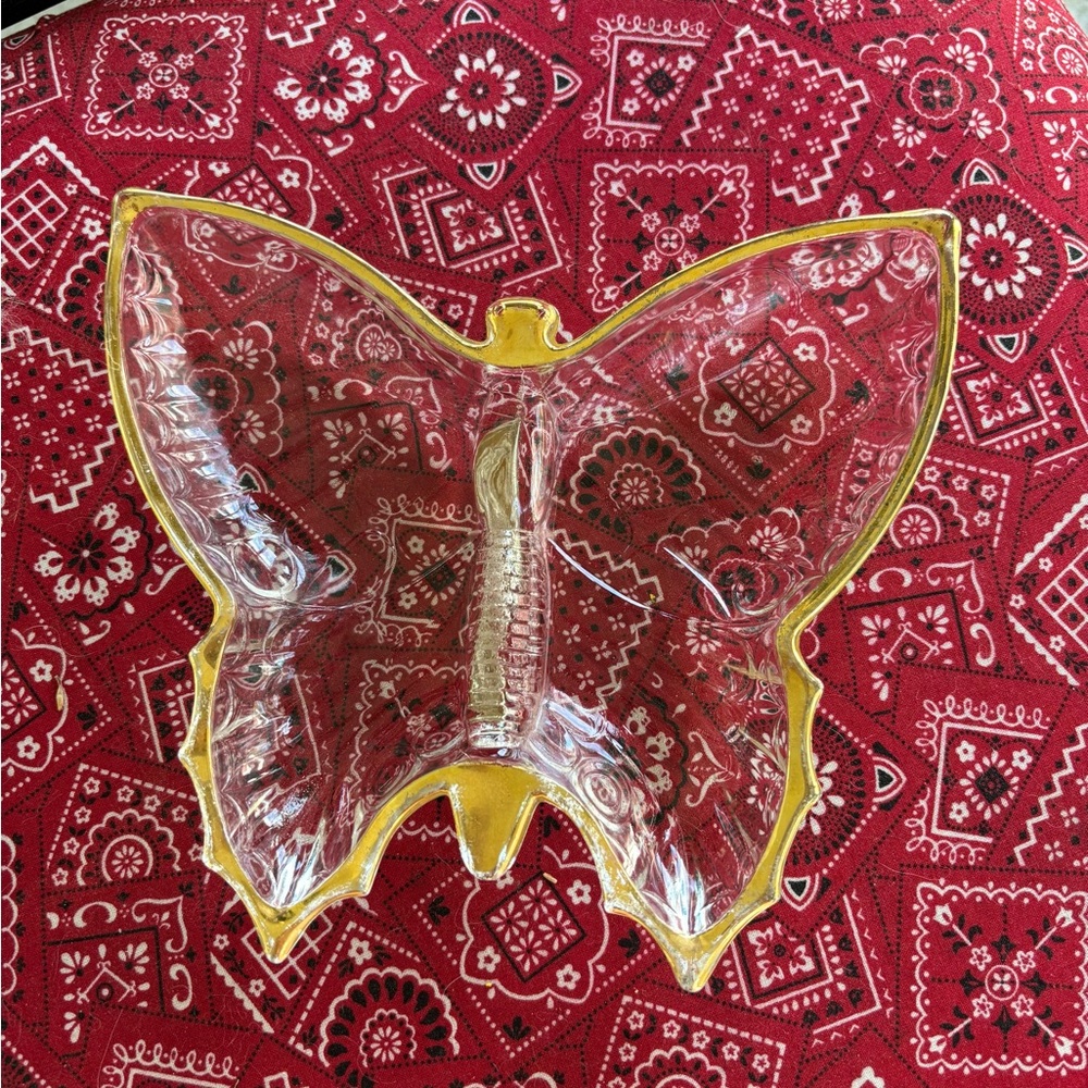 Vintage Jeannette Glass Butterfly Candy Trinket Gold Leaf Trim Snack Dish